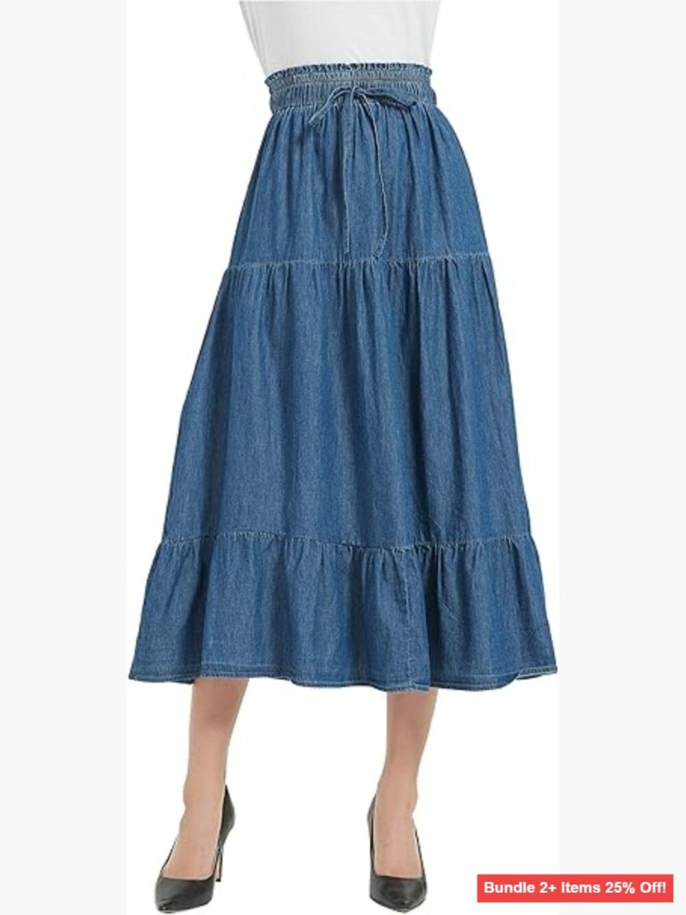 A-Line Midi Denim Skirt with Elastic Waist and Drawstring